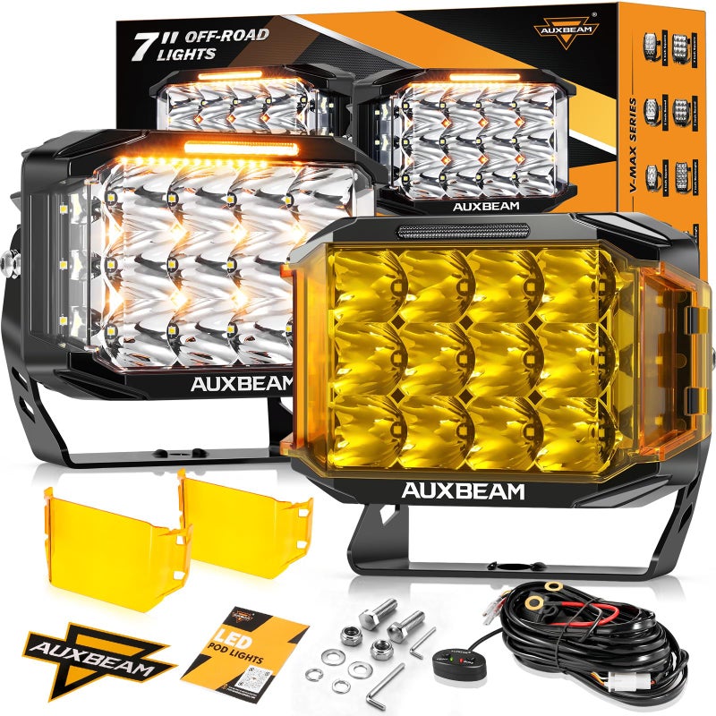 أضواء قيادة LED من سلسلة Auxbeam VMAX بقوة 204 واط، 7 إنش، شكل مستطيل، كشافات خارجية مع إضاءة نهارية خلفية باللون الكهرماني، 270 درجة، كشافات مساعدة، مزيج من شعاع الفيضانات لشاحنة، جيب، بيك أب، SUV، ATV